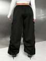 SHEIN ICON Women's Plus Size Drawstring Elastic Waist Flap Pocket Long Pants