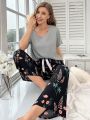 Color Block Floral Print Bowknot Short Sleeve And Long Pants Pajamas Set For Women's Homewear