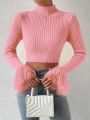 SHEIN Privé Mock Neck Fuzzy Cuff Crop Sweater