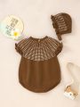 Baby Girls' Sweater Romper With Drop Shoulder Design And Matching Hat