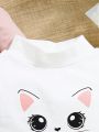 SHEIN Baby Girls' Cute Cat Expression Patterned Mock Neck Long Sleeve Top 3pcs Set For Casual Wear