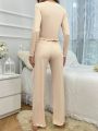 Women's Faux-Button Decoration Long Sleeve And Pants Home Suit