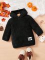 SHEIN Baby Girls' Letter Patchwork Casual Comfortable Fleece Hooded Long Sleeve Sweatshirt Dress