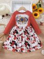 SHEIN Kids Nujoom Little Girls' Casual Round Neck Long Sleeve A-line Dress With Letter & Floral Print And Waist Tie, Spring & Autumn