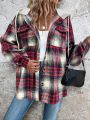 Plaid Print Drop Shoulder Drawstring Hooded Coat