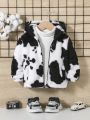 SHEIN Baby Boy Cow Pattern Hooded Teddy Jacket Without Sweater