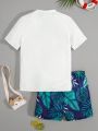 SHEIN Teen Boys' Casual Slim Fit Swimwear Set With Tropical Leaves & Letter Print T-Shirt And Shorts, Suitable For Swimming