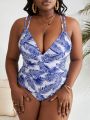 SHEIN Swim Vcay Plus Size Women's One-Piece Swimsuit With Plant Print And Double Shoulder Straps