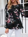 EMERY ROSE Women's Floral Print Round Neck Bubble Sleeve T-shirt
