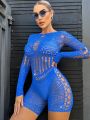 Rhinestone Studded Fishnet Romper Bodysuit Without Lingerie Set