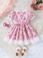 Elegant British French-Style Countryside Print Ruffle Hem Puff Sleeve Cuff Lace Hem Baby Girl Dress