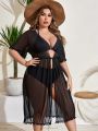 SHEIN Swim Basics Plus Size Fur Ball Trim Drawstring Waist Kimono Dress