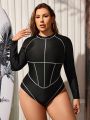 SHEIN Swim SPRTY Plus Size Women'S Raglan Sleeve One Piece Swimsuit