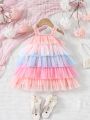 Baby Girl Color Block Ruffled Mesh Spaghetti Strap Dress