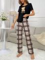 Bear Print Pajamas Checked Home Wear Set