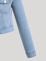 Teen Girls' Basic Casual Comfortable Water Washed Light Blue Stretch Denim Jacket, Daily Outfit