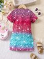 SHEIN Kids QTFun Young Girl Unicorn Printed Short Sleeve Dress