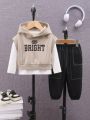 SHEIN 3pcs/set Baby Boys' Solid Color Long Sleeve Top With Hooded Sleeveless Sweatshirt And Jogger Pants