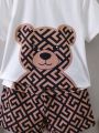 SHEIN Kids EVRYDAY Toddler Boys' Bear Printed Short Sleeve T-Shirt And All-Over Print Shorts Set