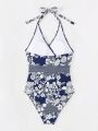 SHEIN Swim Vcay Random Floral Printed One-piece Swimsuit With Waist Belt