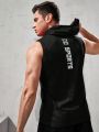 Fitness Men Letter Graphic Drawstring Hooded Sports Tank Top