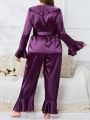 SHEIN X GiudiceGirls Plus Ruffle Trim Flare Sleeve Belted Satin PJ Set