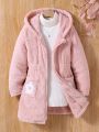 SHEIN Kids QTFun Tween Girl 1pc Floral Embroidery Dual Pocket Hooded Teddy Coat