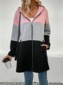 Women'S Color Block Zipper Front Hooded Jacket