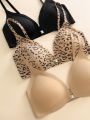 2pcs Solid Bra & 1pc Leopard Print Bra