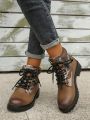 Random Color Distressed Side Leopard Print Patchwork Lace-up Chunky Heel Fashionable Women's Boots