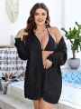 SHEIN Swim Basics Women's Plus Size Kimono Cardigan With V-neck, Black