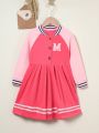 Young Girl Letter Graphic Striped Trim Raglan Sleeve Pleated Hem Dress