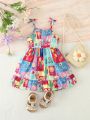 Baby Girl Floral & Plant Patchwork Printed Spaghetti Strap Dress For Spring & Summer