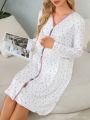 Maternity Floral Printed Colorblock Nightgown With Lace Trim