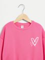 Tween Girl Heart Print Drop Shoulder Thermal Lined Pullover