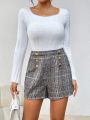 SHEIN Privé Women's Plaid Metal Double-breasted Button Shorts