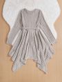 SHEIN Kids FANZEY Big Girls' Knitted Solid Color Slim-fit Elegant Dress With Round Neckline And Irregular Hemline