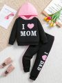 Toddler Girls' Hooded Sweatshirt And Sweatpants Set With Slogan Print, 2pcs