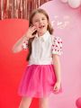 SHEIN Kids CHARMNG Young Girl's Heart Print Puff Sleeve Top Mesh Skirt Set, Perfect For Party And Holiday In Summer