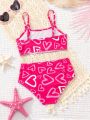 SHEIN Young Girl Casual Knit Bikini Swimsuit Set With Heart Pattern