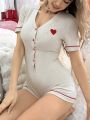 Heart Embroidery Contrast Binding Romper Shorts For Home Wear