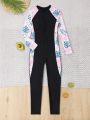 Girls' (Big) One Piece Swimsuit With Tropical Pattern Patchwork Long Sleeves And Pants