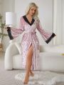 Women'S Lace Patchwork Bell Sleeve With Belted Waist Robe