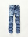 Vintage & Minimalist & Casual & College Style & Elastic & Slim Fit Boys' Jeans, Blue, For Big Kids