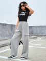 Female Teen Portrait Pattern Ribbed T-shirt And Pocket Wide-leg Pants Two-piece Set