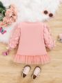 SHEIN Infant Girls' Cute Patchwork 3d Flower Mesh Long Sleeve Dress