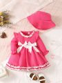 Baby Girl Ruffle Trim Flounce Sleeve Bow Front Dress & Hat