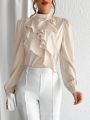 SHEIN Privé Solid Color Ruffle Lace Puff Sleeve Shirt