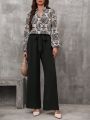 SHEIN LUNE Women's Pattern Printed Lantern Sleeve Shirt And Pants Set