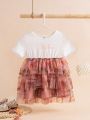 Baby Girls' Dress With Letter Print, Floral Tulle Short Sleeve